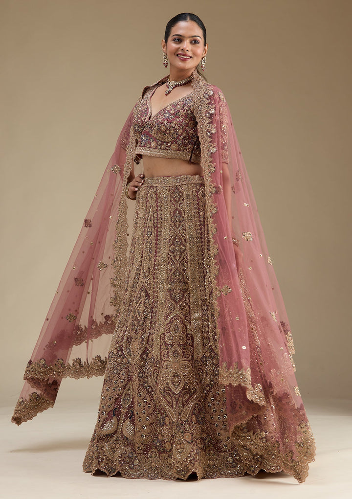 Onion Pink Zariwork Tissue Semi Stitched Lehenga