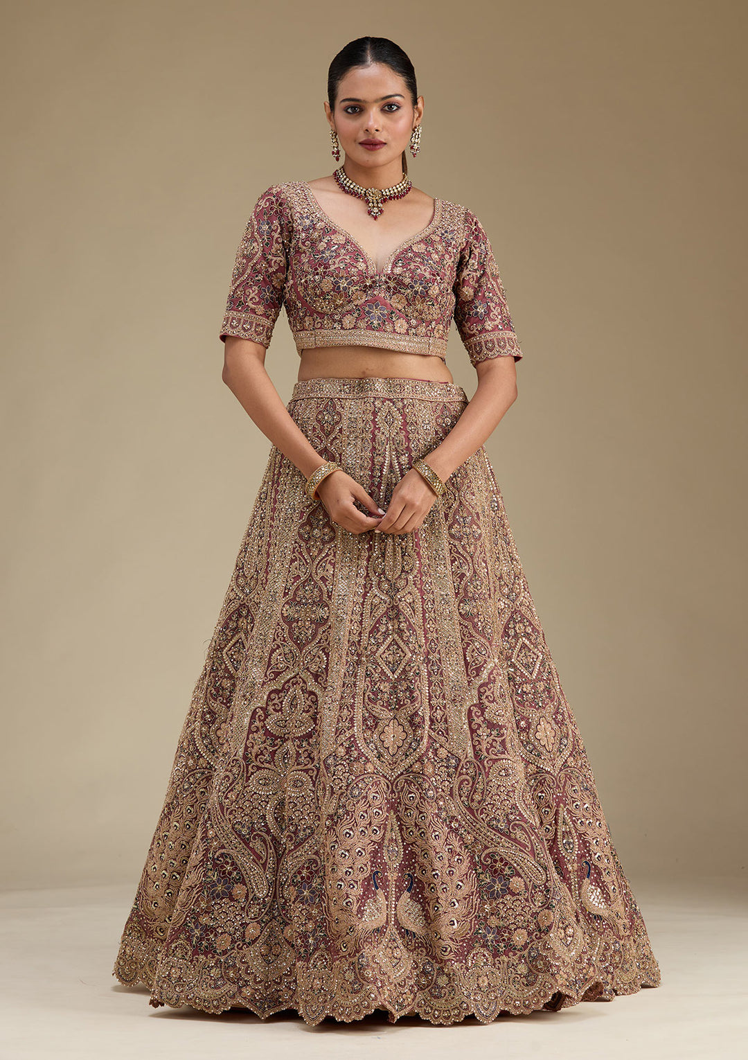 Onion Pink Zariwork Tissue Semi Stitched Lehenga