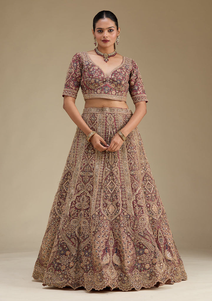 Onion Pink Zariwork Tissue Semi Stitched Lehenga