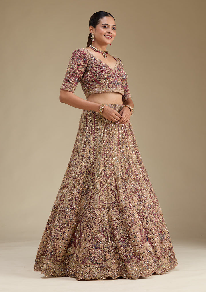 Onion Pink Zariwork Tissue Semi Stitched Lehenga