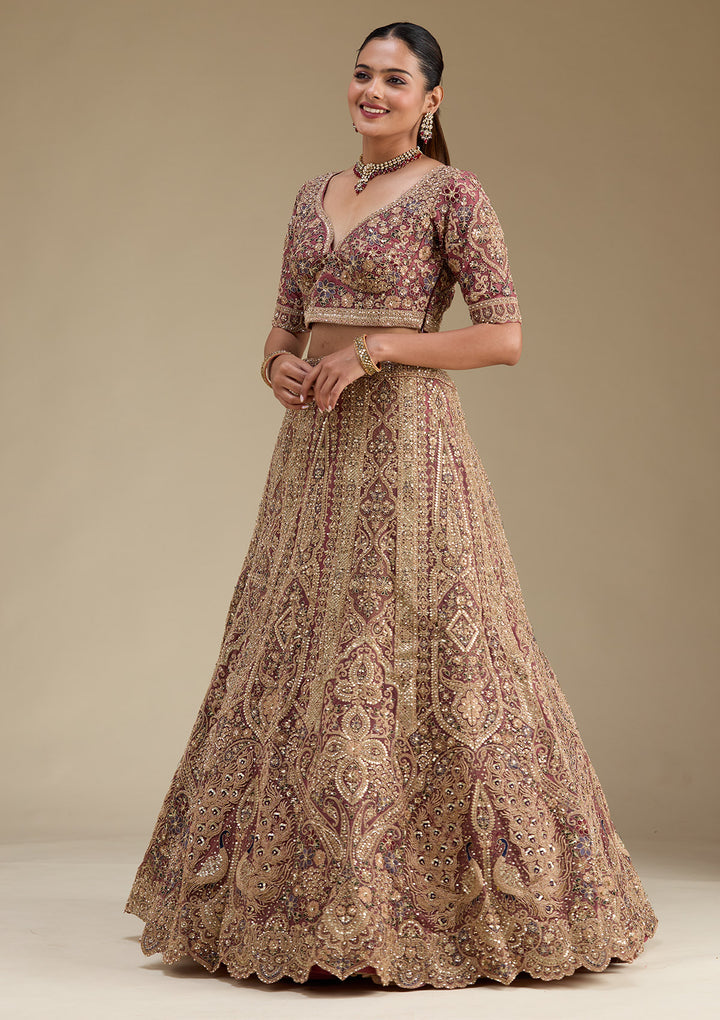 Onion Pink Zariwork Tissue Semi Stitched Lehenga