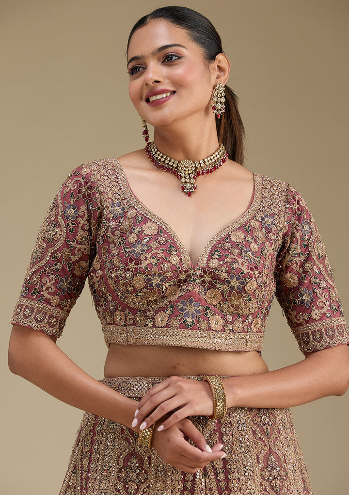 Onion Pink Zariwork Tissue Semi Stitched Lehenga