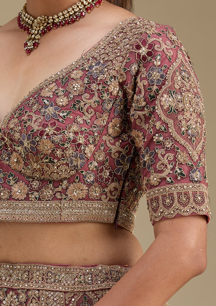 Onion Pink Zariwork Tissue Semi Stitched Lehenga