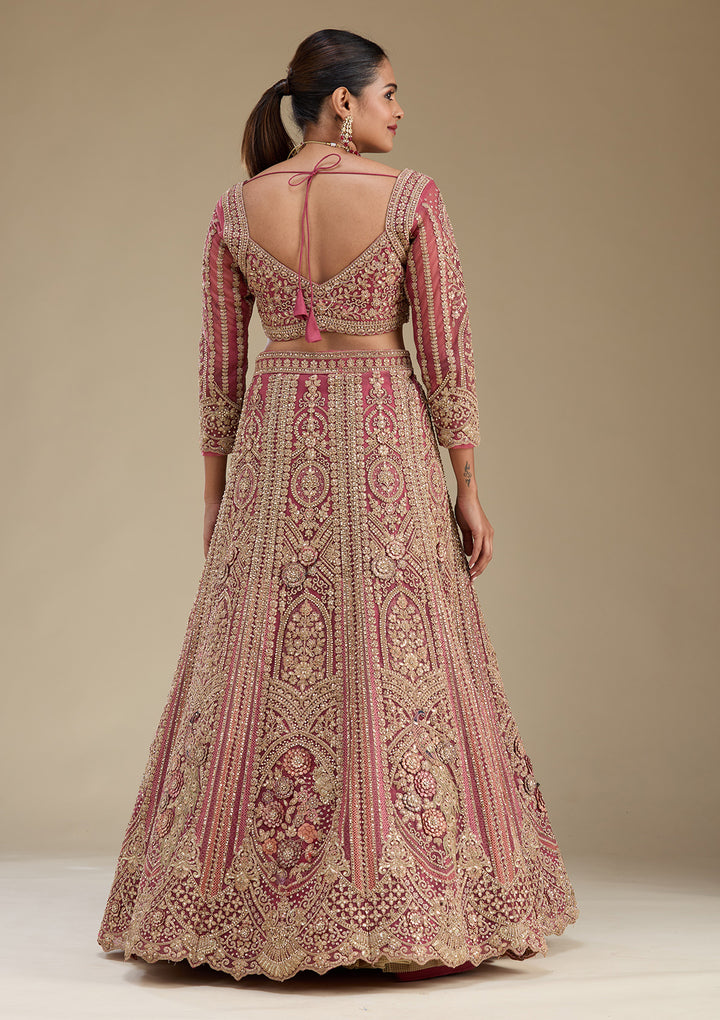 Pink Zariwork Tissue Semi Stitched Lehenga