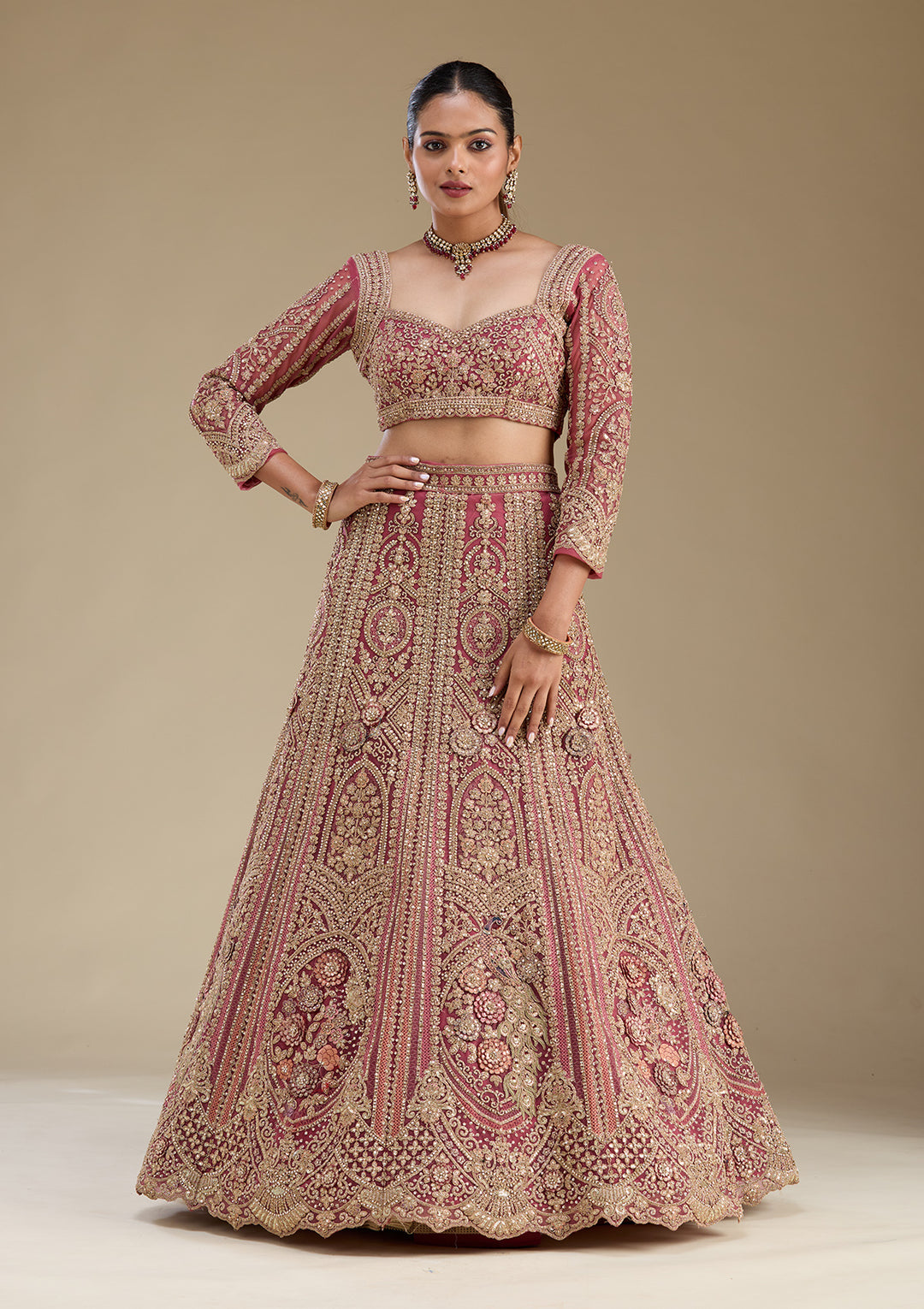Pink Zariwork Tissue Semi Stitched Lehenga