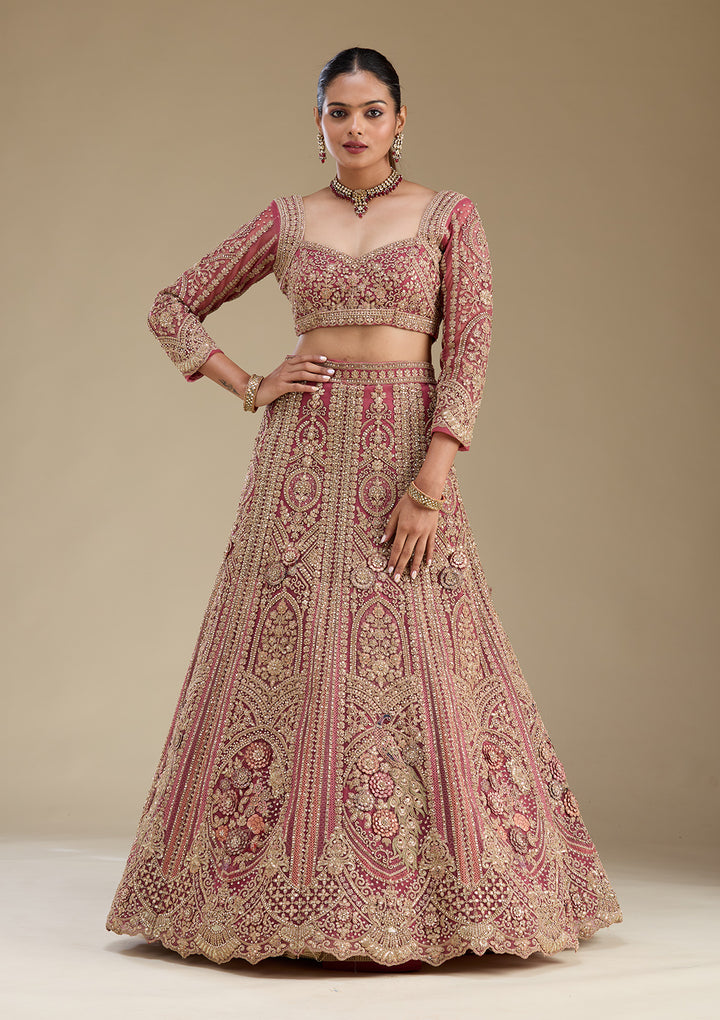 Pink Zariwork Tissue Semi Stitched Lehenga