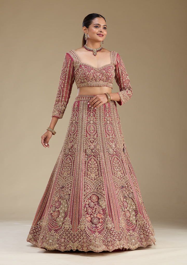 Pink Zariwork Tissue Semi Stitched Lehenga