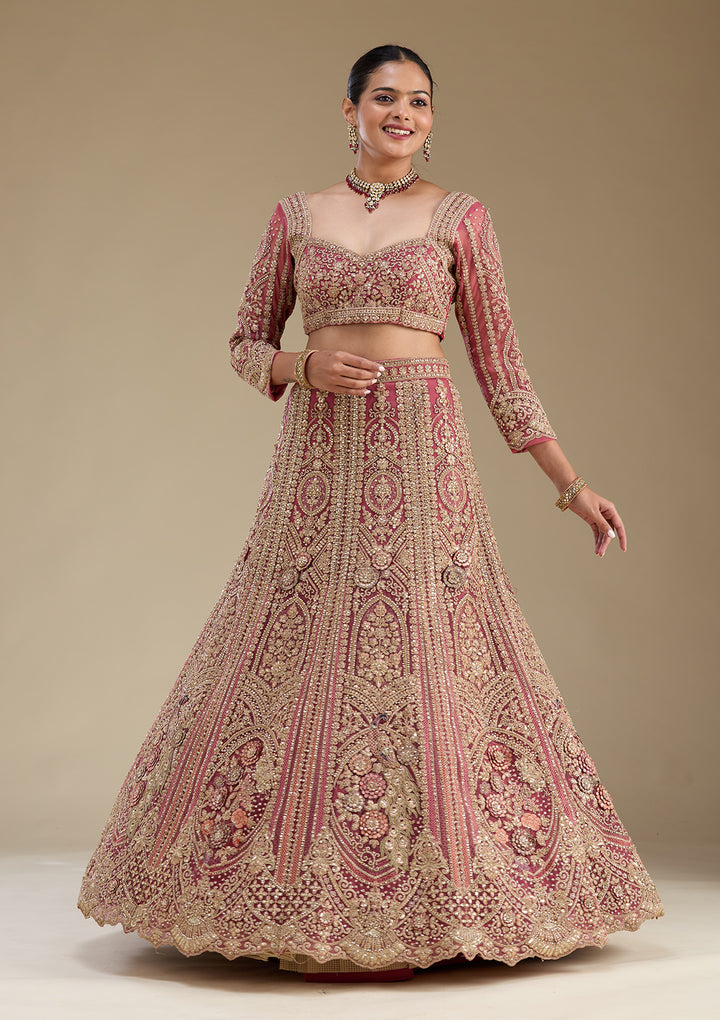 Pink Zariwork Tissue Semi Stitched Lehenga
