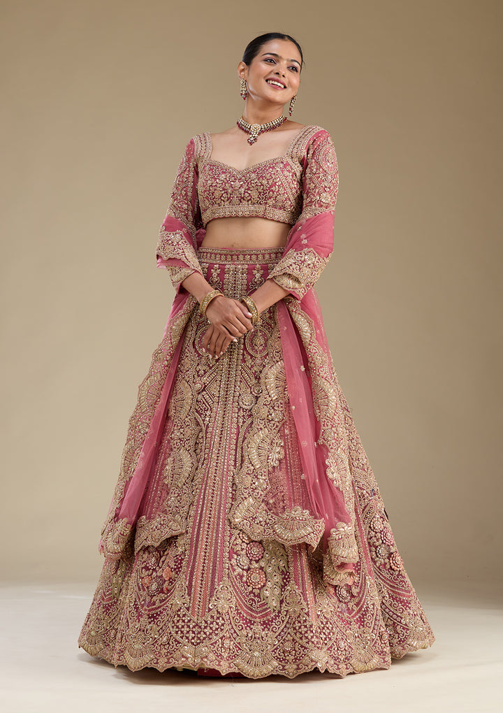 Pink Zariwork Tissue Semi Stitched Lehenga