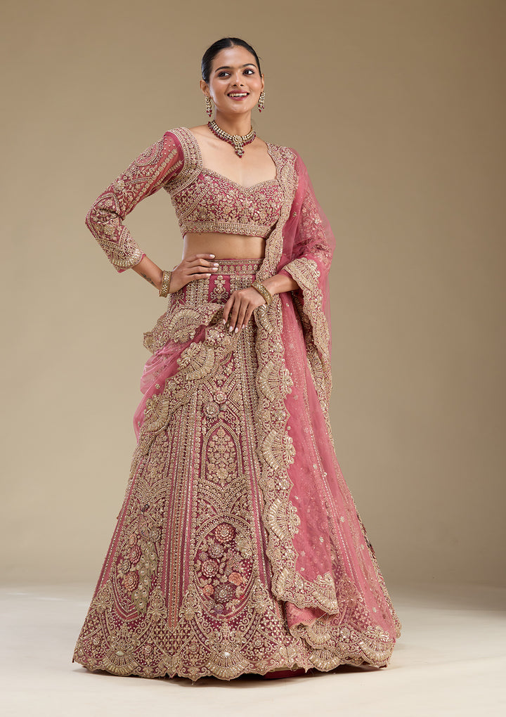 Pink Zariwork Tissue Semi Stitched Lehenga