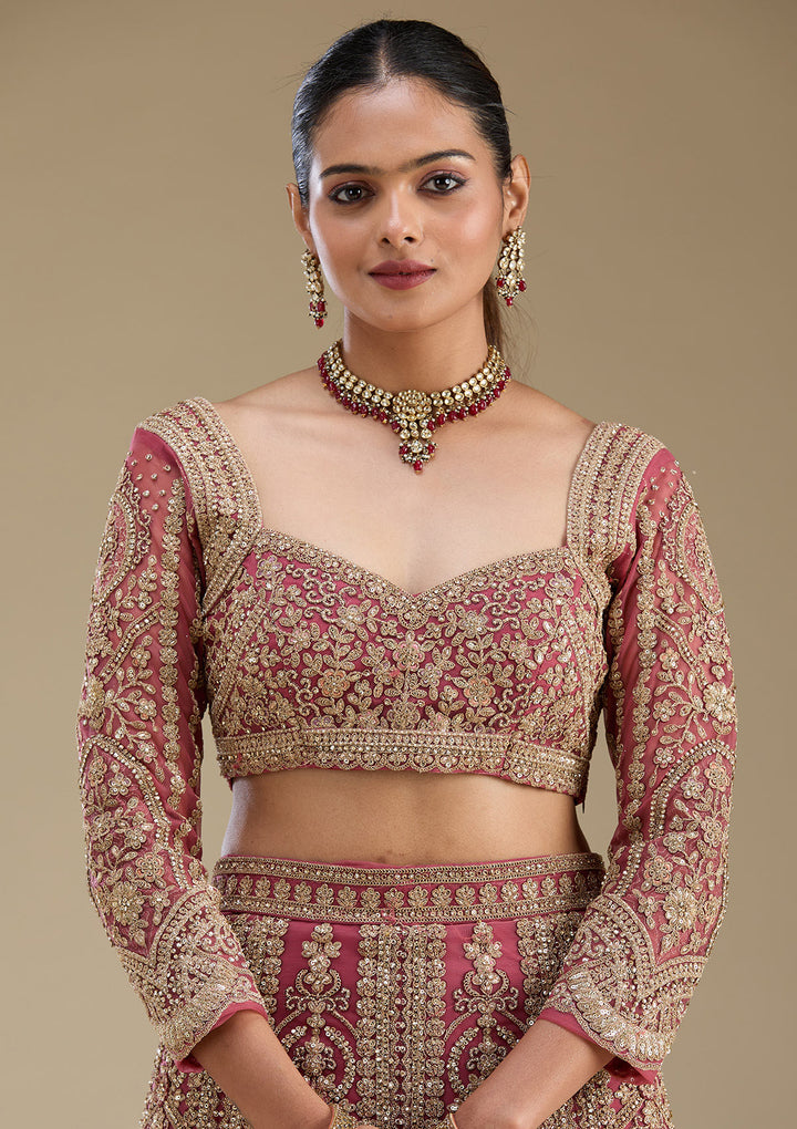 Pink Zariwork Tissue Semi Stitched Lehenga