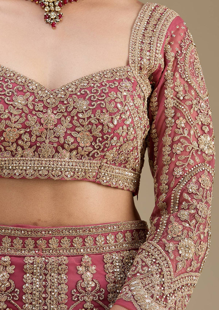 Pink Zariwork Tissue Semi Stitched Lehenga