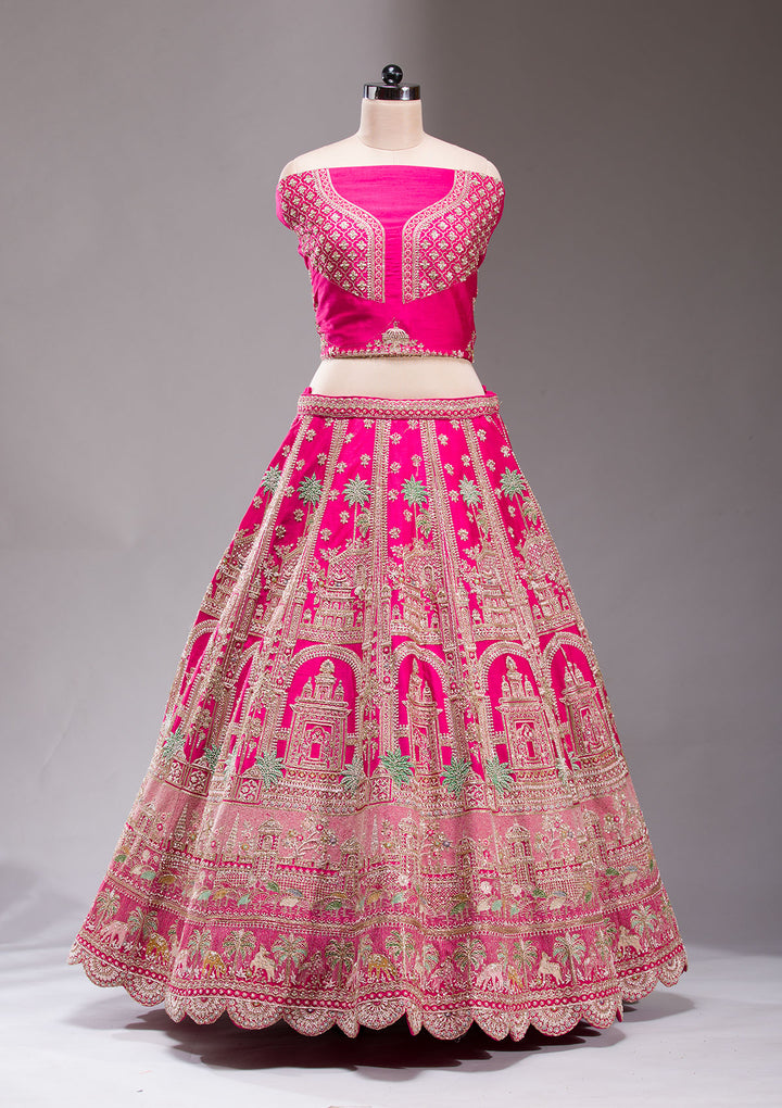 Rani Pink Zardosi Raw Silk Semi-Stitched Lehenga