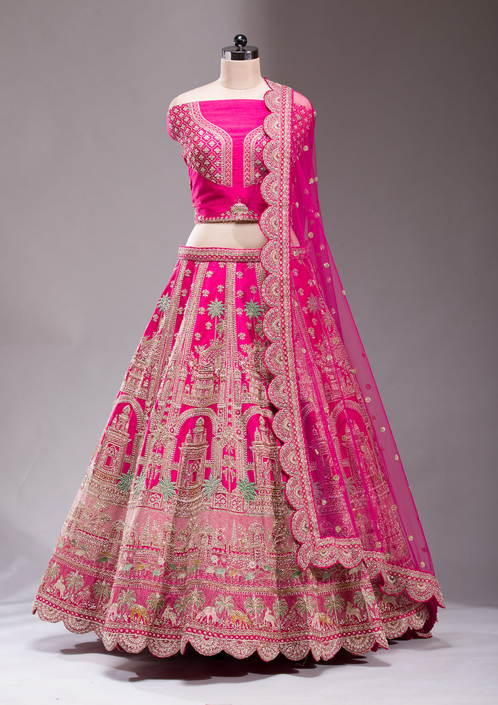 Rani Pink Zardosi Raw Silk Semi-Stitched Lehenga