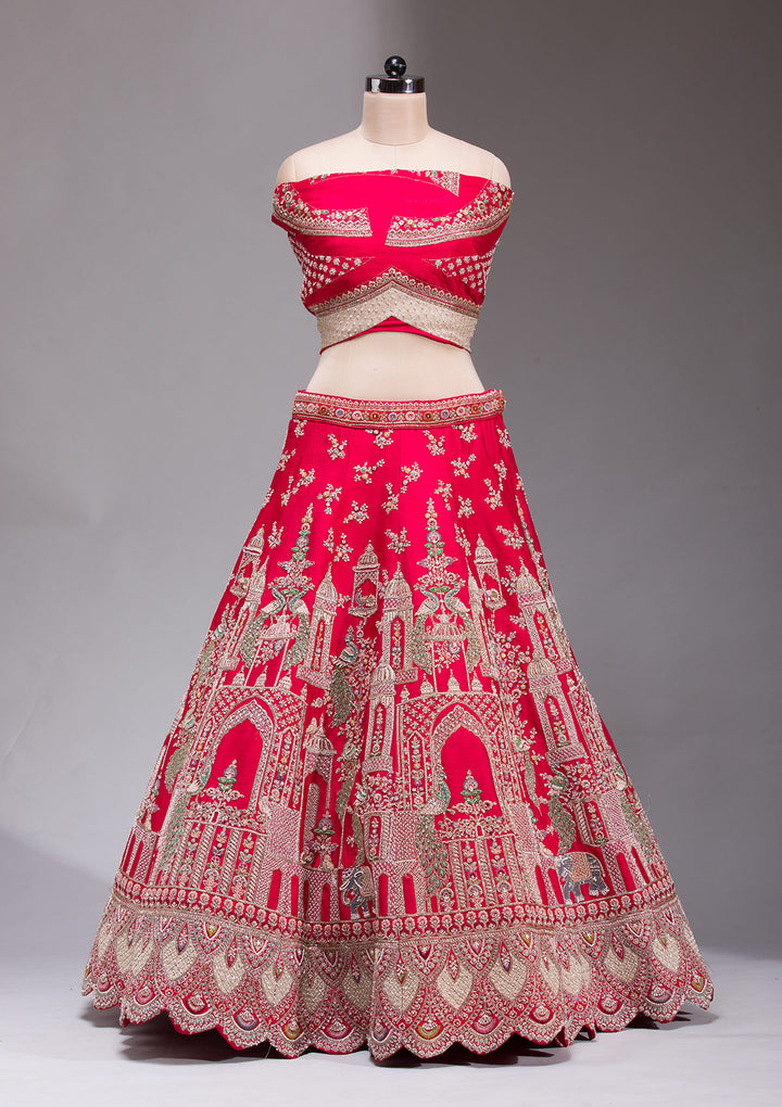 Red Zardosi Raw Silk Semi Stitched Lehenga