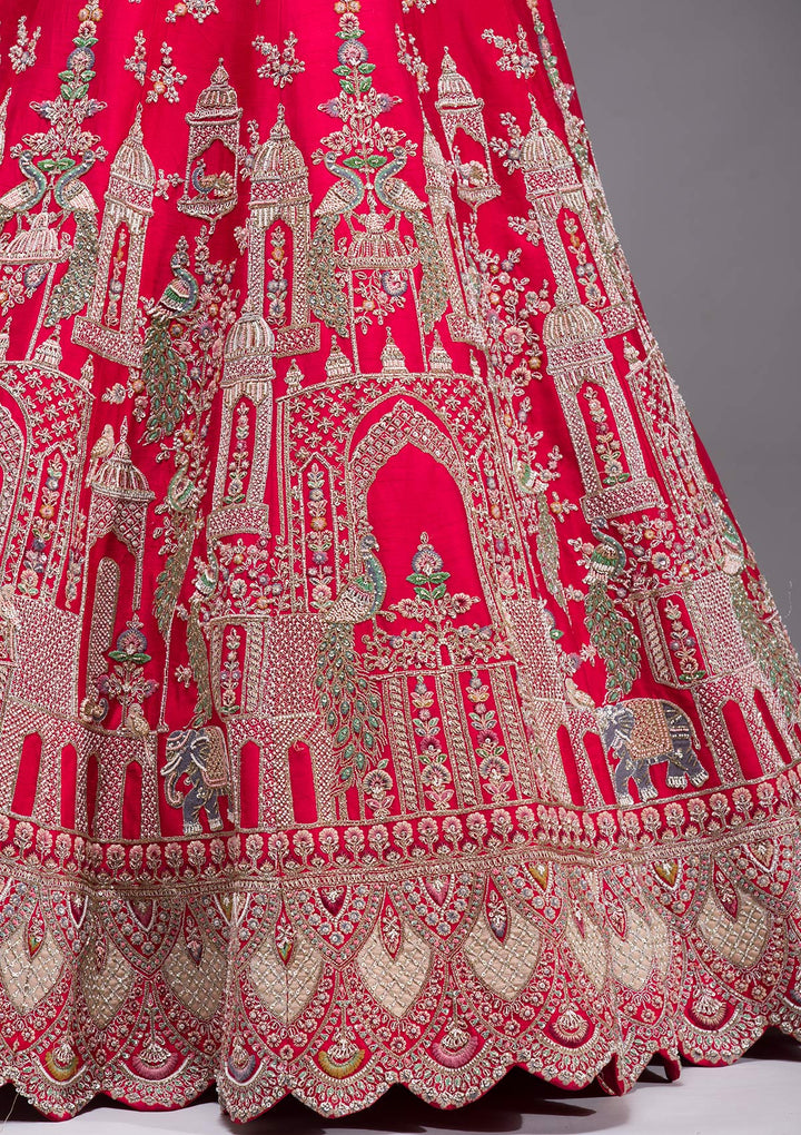Red Zardosi Raw Silk Semi Stitched Lehenga