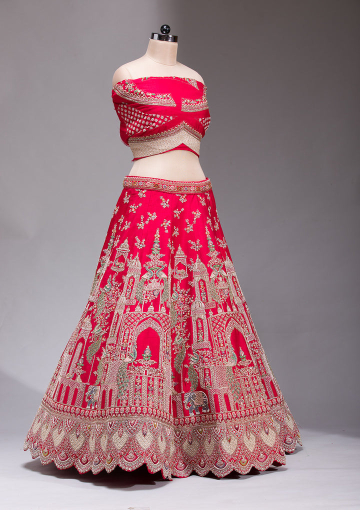 Red Zardosi Raw Silk Semi Stitched Lehenga