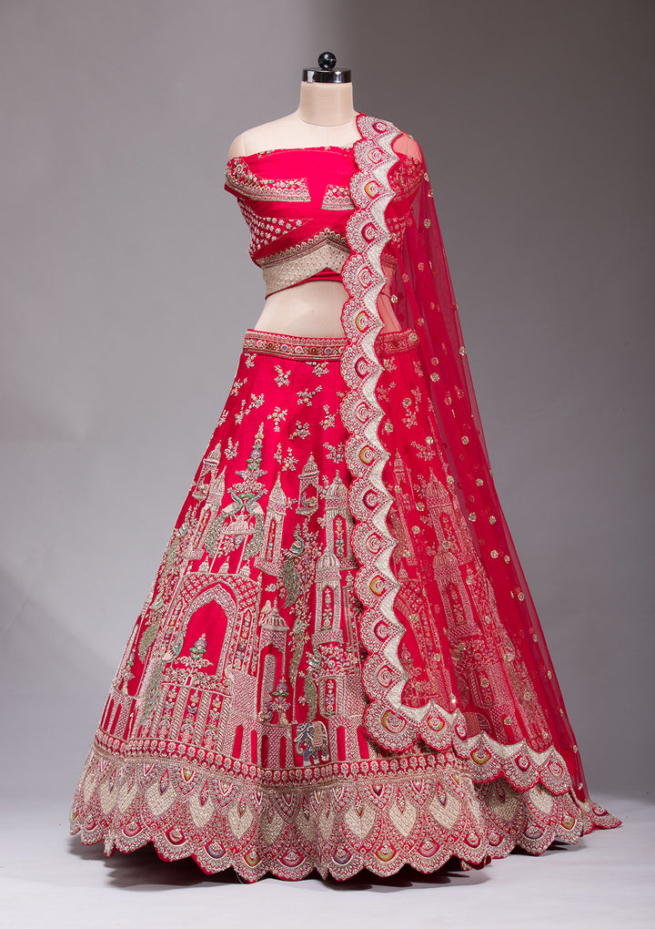 Red Zardosi Raw Silk Semi Stitched Lehenga