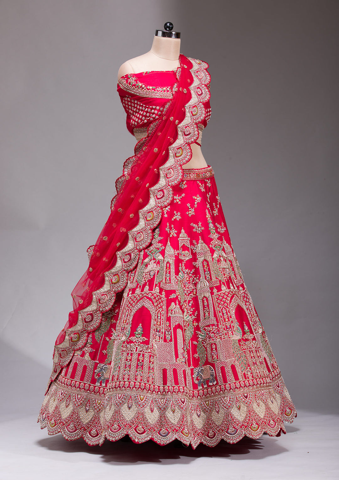 Red Zardosi Raw Silk Semi Stitched Lehenga