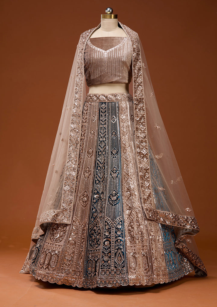 Navy Blue Sequins Velvet Semi-Stitched Lehenga