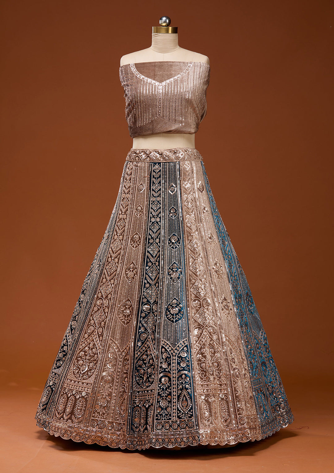 Navy Blue Sequins Velvet Semi-Stitched Lehenga