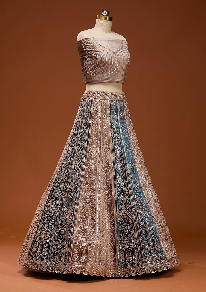 Navy Blue Sequins Velvet Semi-Stitched Lehenga