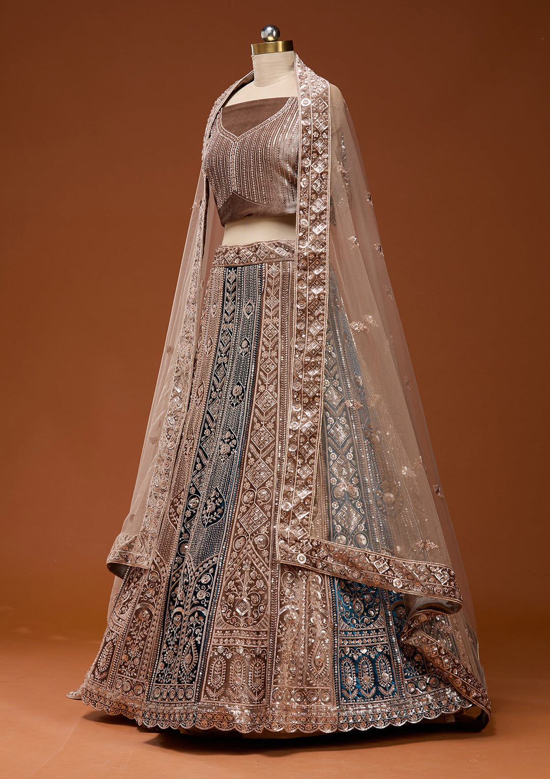 Navy Blue Sequins Velvet Semi-Stitched Lehenga
