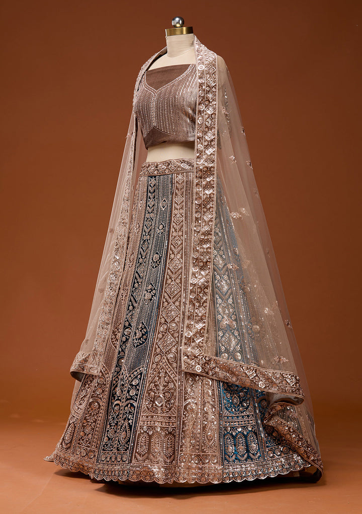 Navy Blue Sequins Velvet Semi-Stitched Lehenga