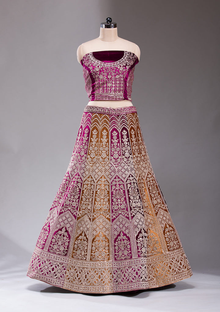 Wine Sequins Velvet Semi-Stitched Lehenga