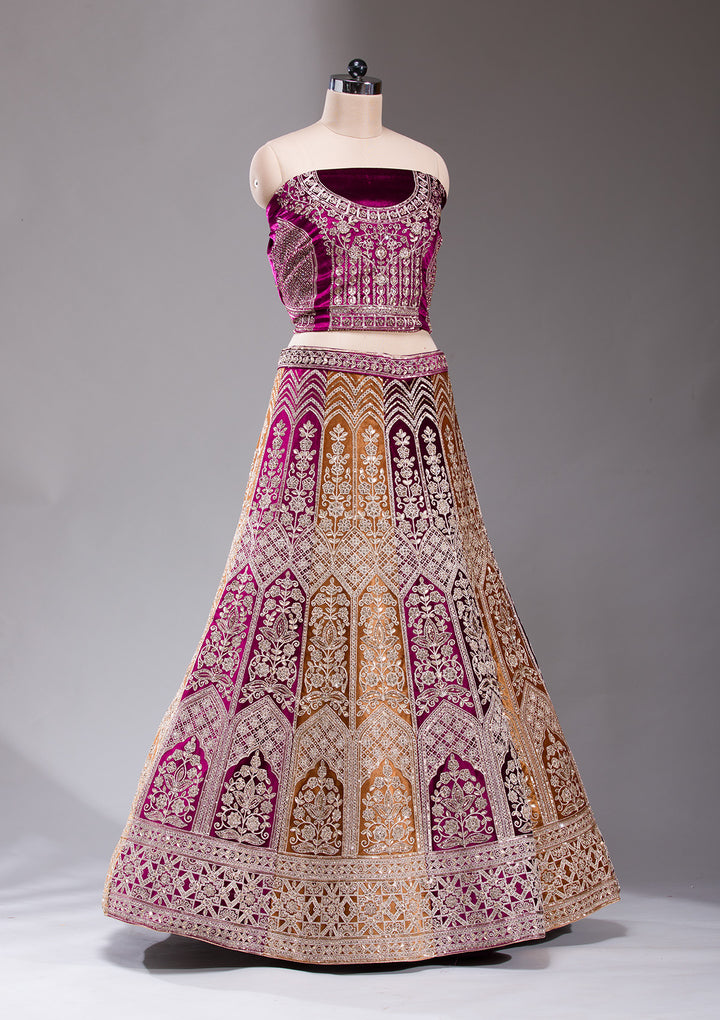 Wine Sequins Velvet Semi-Stitched Lehenga