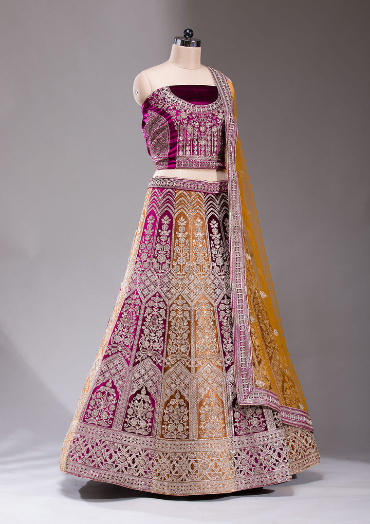 Wine Sequins Velvet Semi-Stitched Lehenga