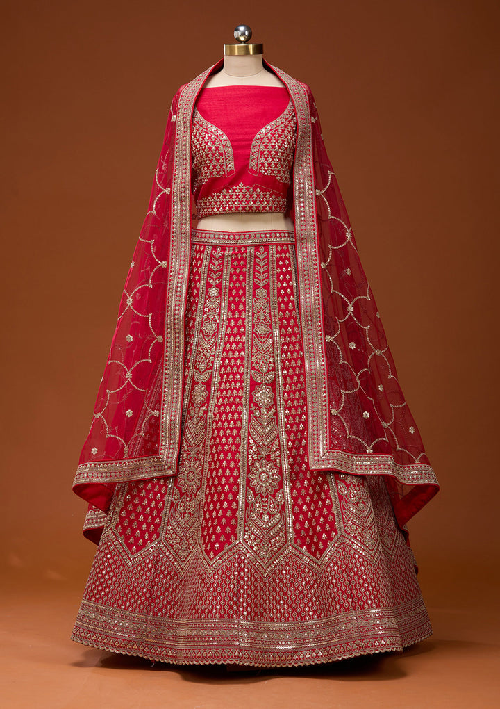 Red Cording Raw Silk Semi-Stitched Lehenga