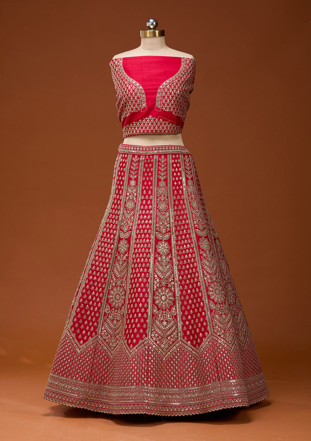Red Cording Raw Silk Semi-Stitched Lehenga