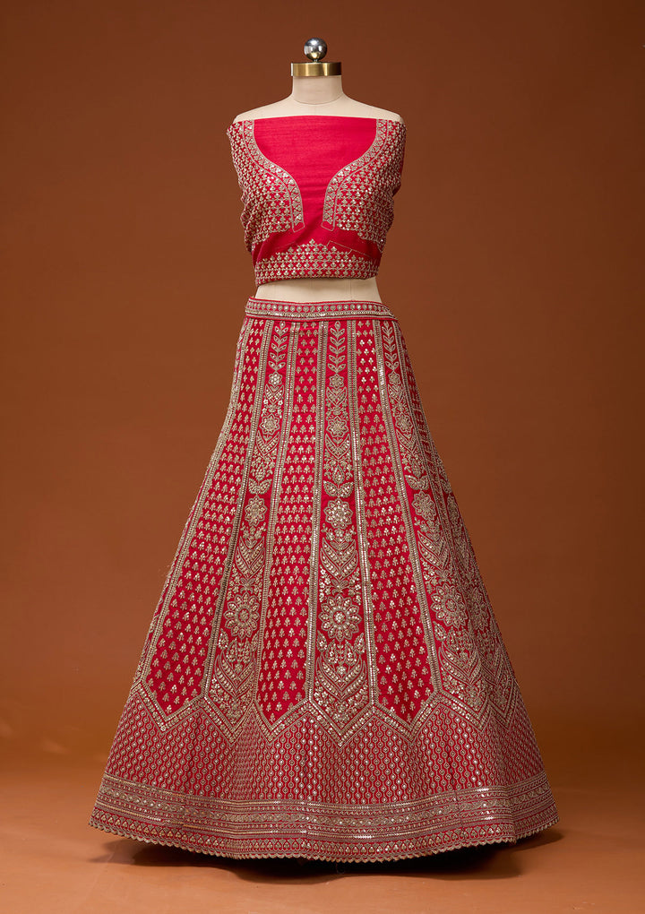 Red Cording Raw Silk Semi-Stitched Lehenga
