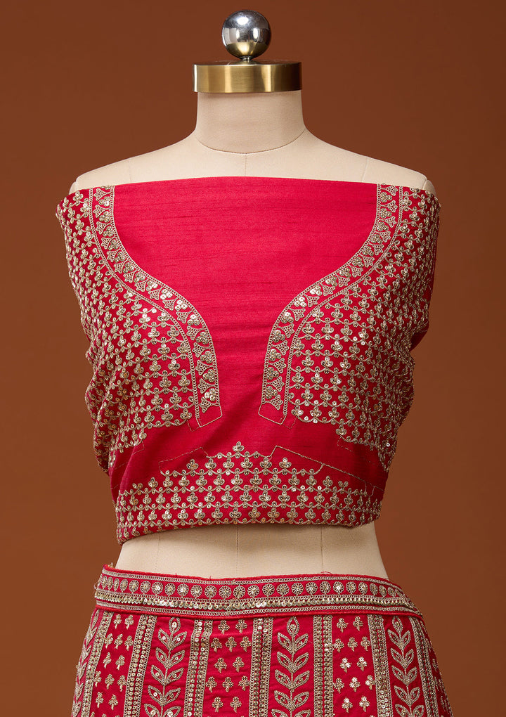 Red Cording Raw Silk Semi-Stitched Lehenga