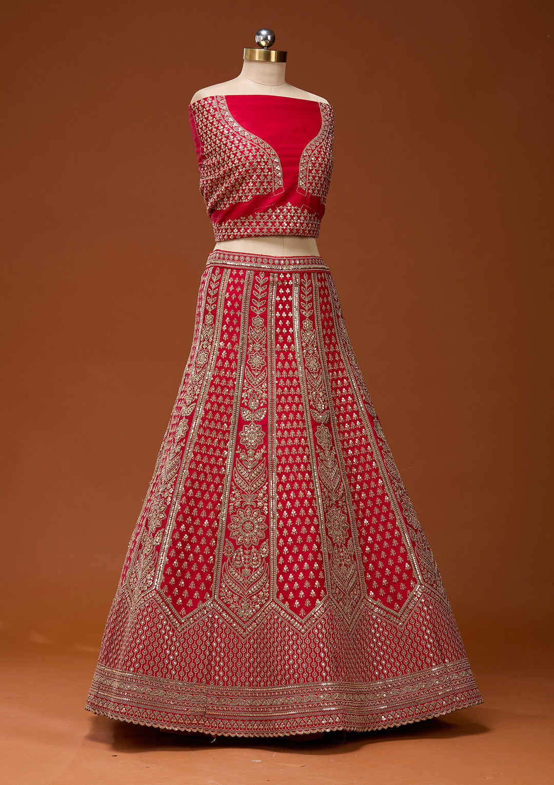 Red Cording Raw Silk Semi-Stitched Lehenga