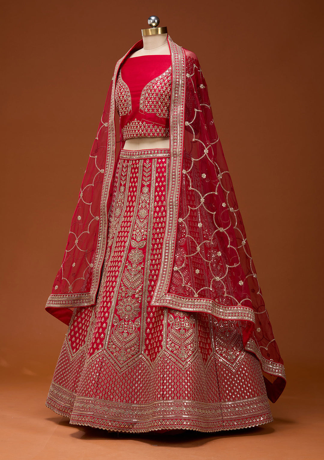Red Cording Raw Silk Semi-Stitched Lehenga