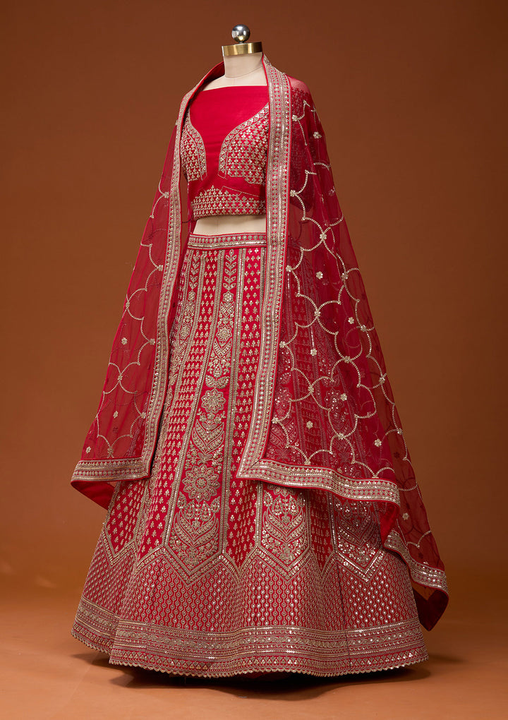 Red Cording Raw Silk Semi-Stitched Lehenga