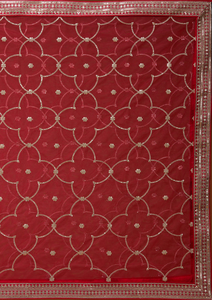 Red Cording Raw Silk Semi-Stitched Lehenga