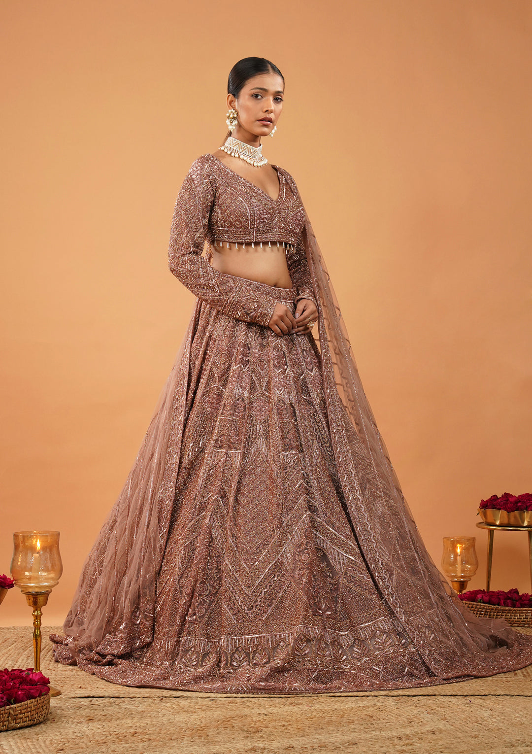 Rust Stonework Net Readymade Lehenga