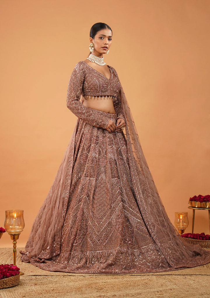 Rust Stonework Net Readymade Lehenga
