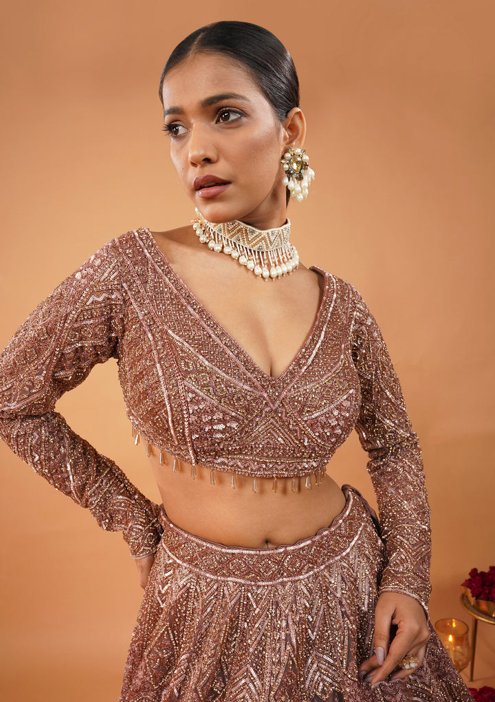 Rust Stonework Net Readymade Lehenga