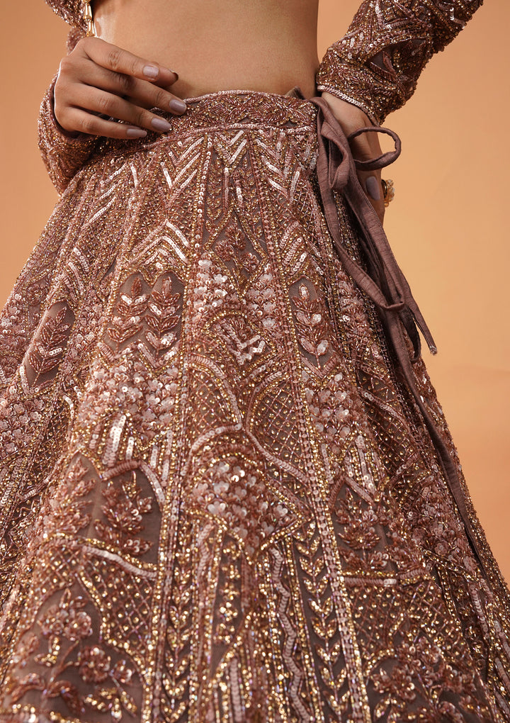 Rust Stonework Net Readymade Lehenga