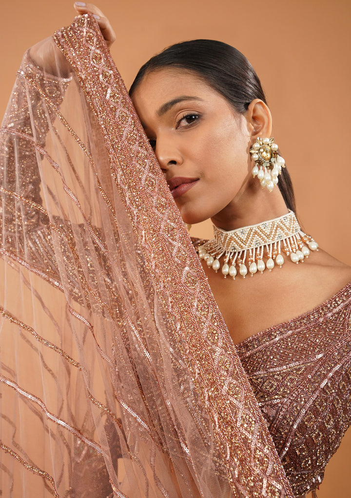 Rust Stonework Net Readymade Lehenga