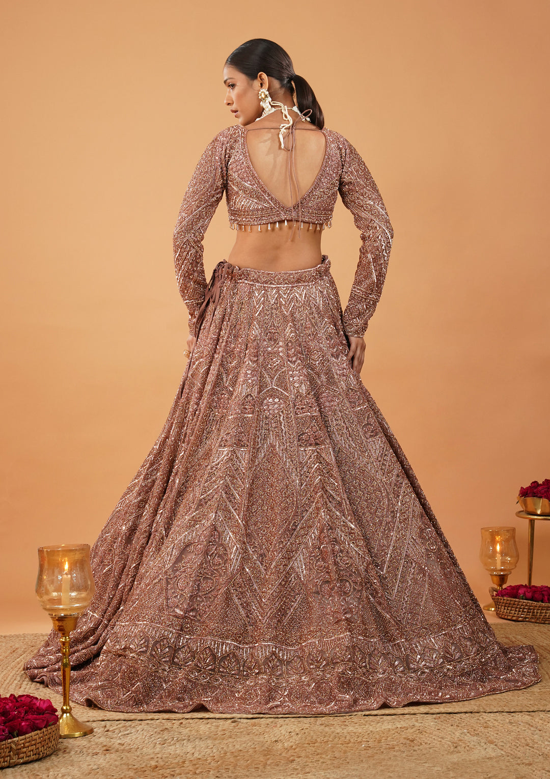 Rust Stonework Net Readymade Lehenga