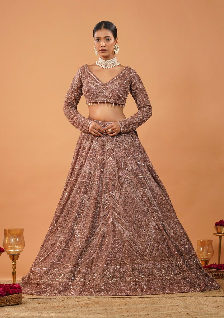Rust Stonework Net Readymade Lehenga