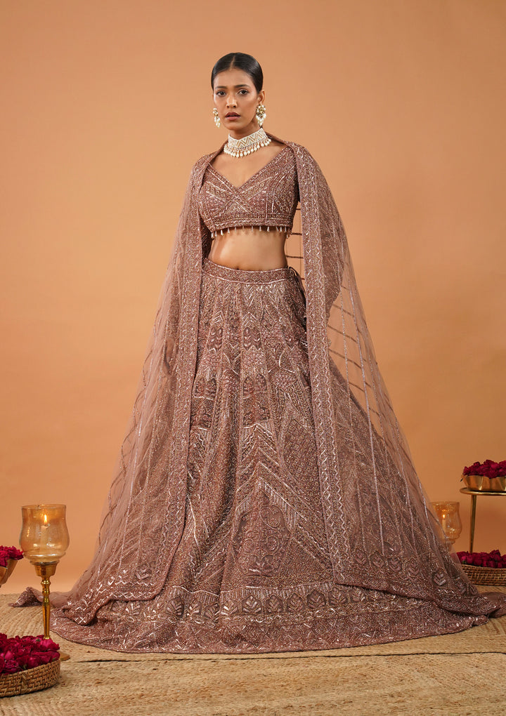 Rust Stonework Net Readymade Lehenga