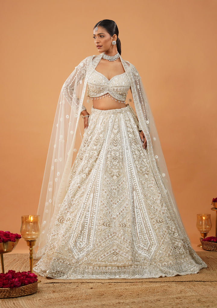 Cream Stonework Net Readymade Lehenga