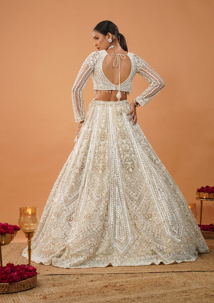 Cream Stonework Net Readymade Lehenga