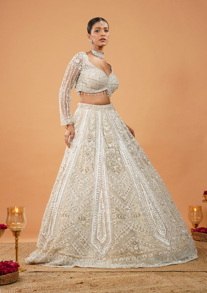 Cream Stonework Net Readymade Lehenga